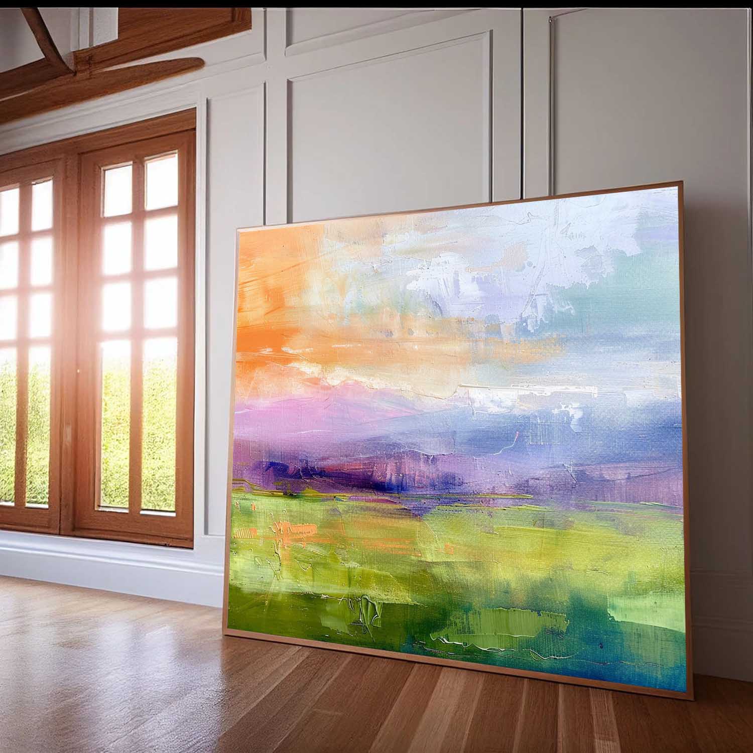 Abstrakte Wandkunst – See & Berglandschaft im Morandi-Stil