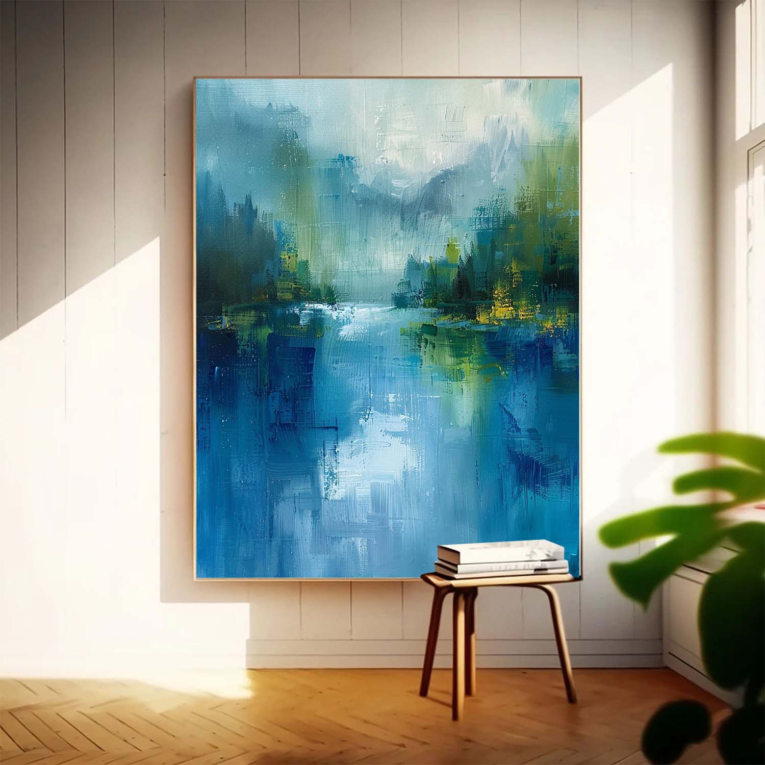 Abstrakte Wandkunst – Blauer & Grüner See mit Berglandschaft