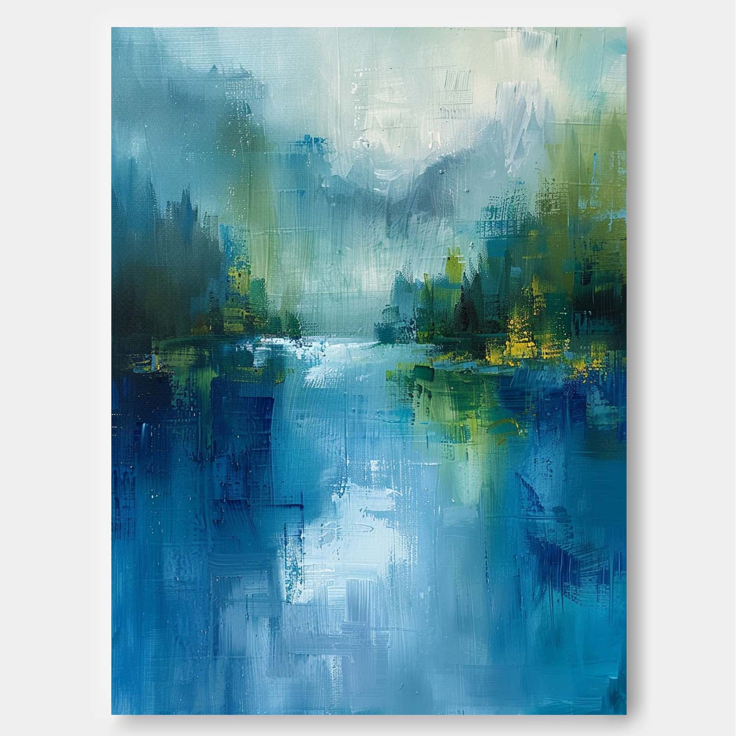 Abstrakte Wandkunst – Blauer & Grüner See mit Berglandschaft