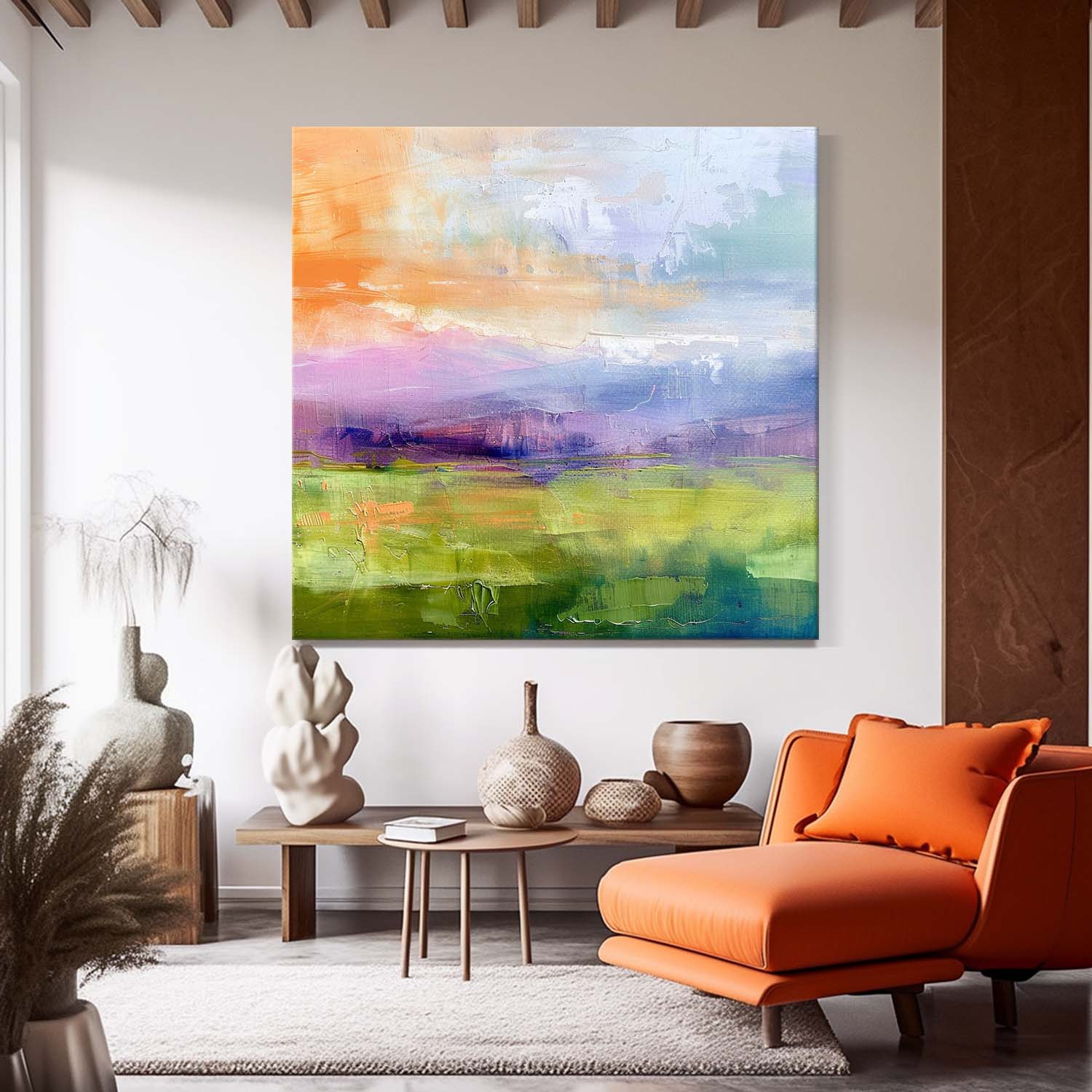 Abstrakte Wandkunst – See & Berglandschaft im Morandi-Stil