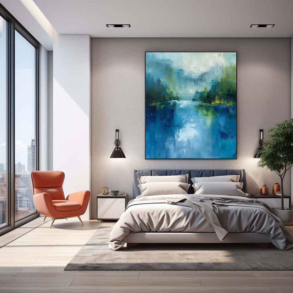 Abstrakte Wandkunst – Blauer & Grüner See mit Berglandschaft