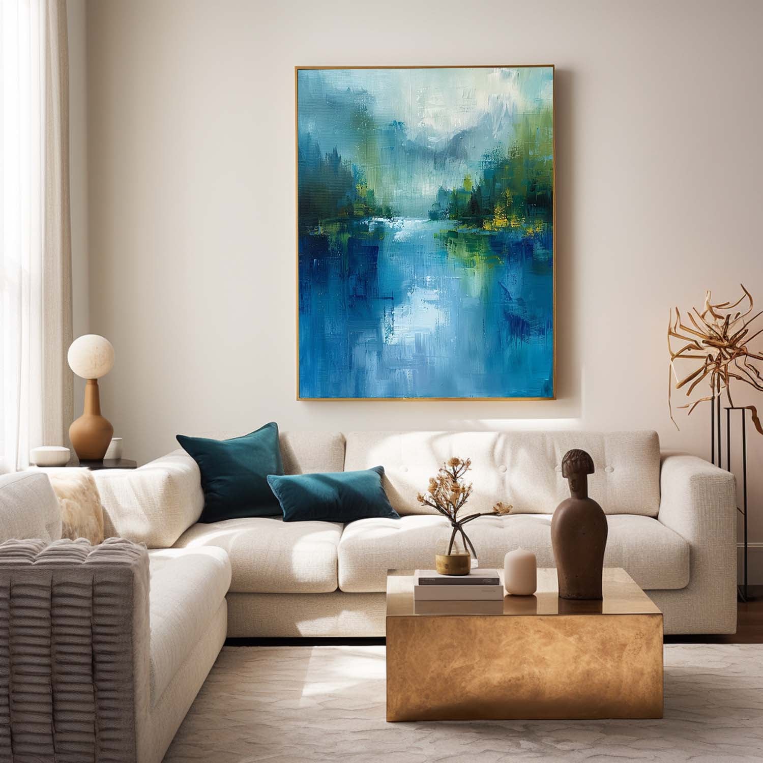 Abstrakte Wandkunst – Blauer & Grüner See mit Berglandschaft