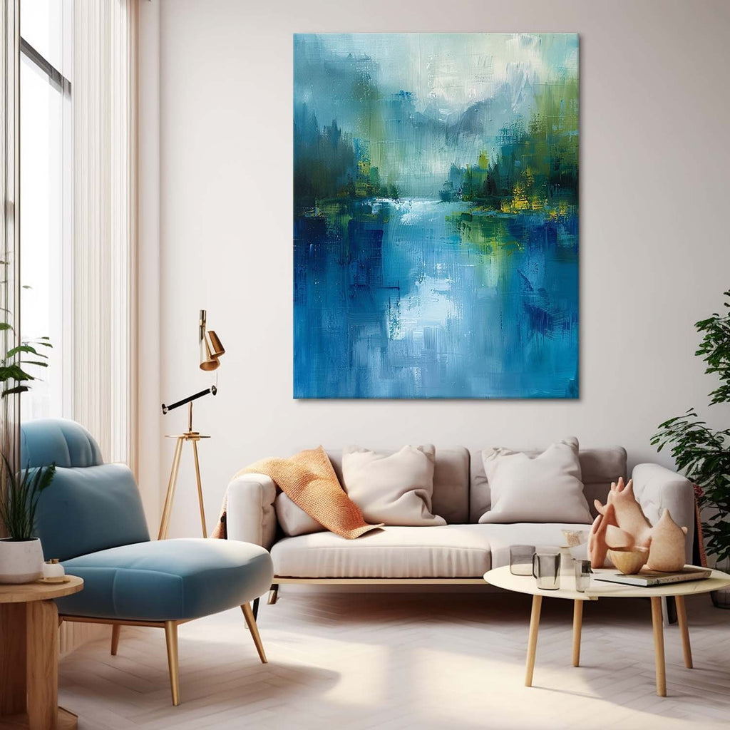 Abstrakte Wandkunst – Blauer & Grüner See mit Berglandschaft