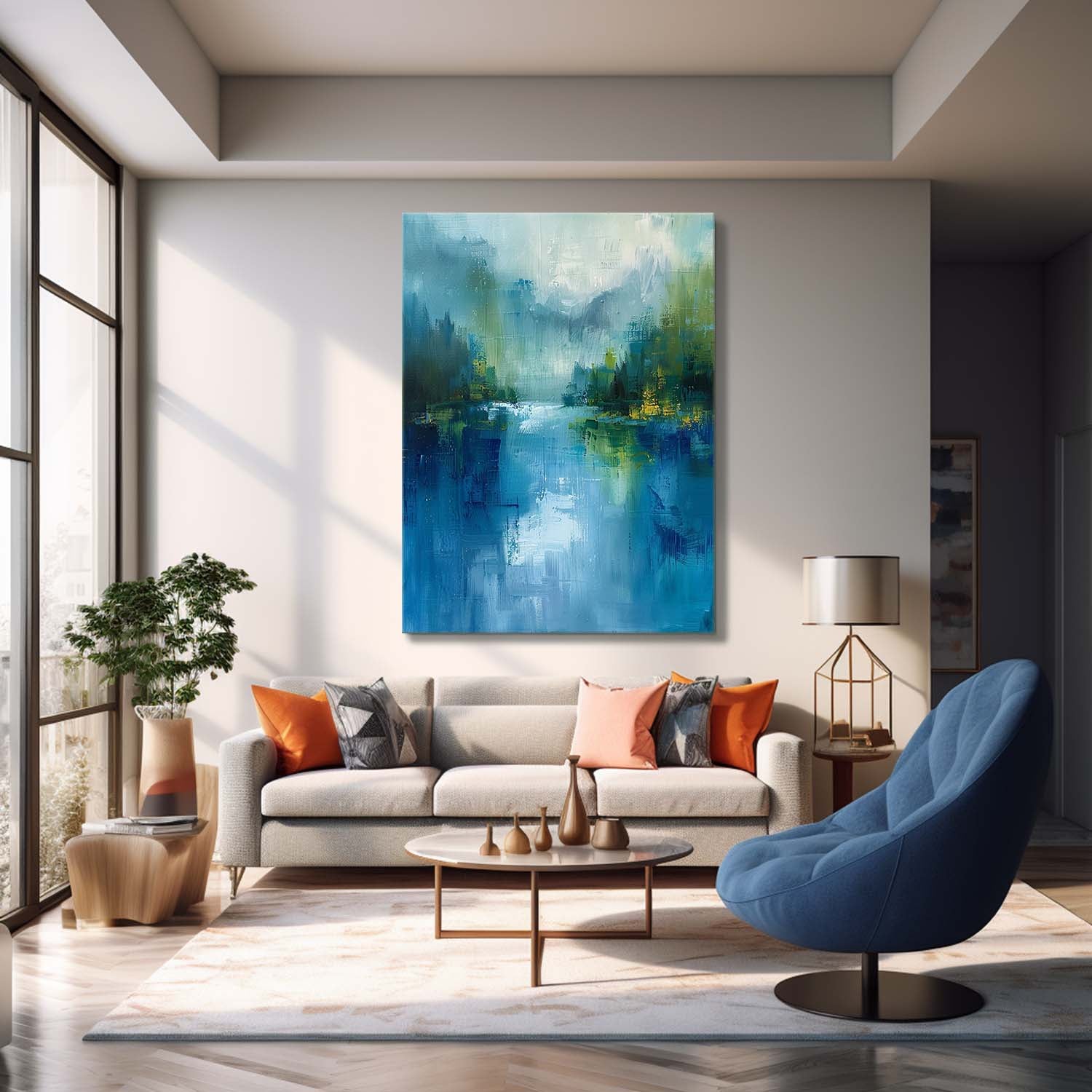 Abstrakte Wandkunst – Blauer & Grüner See mit Berglandschaft