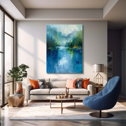 Abstrakte Wandkunst – Blauer & Grüner See mit Berglandschaft
