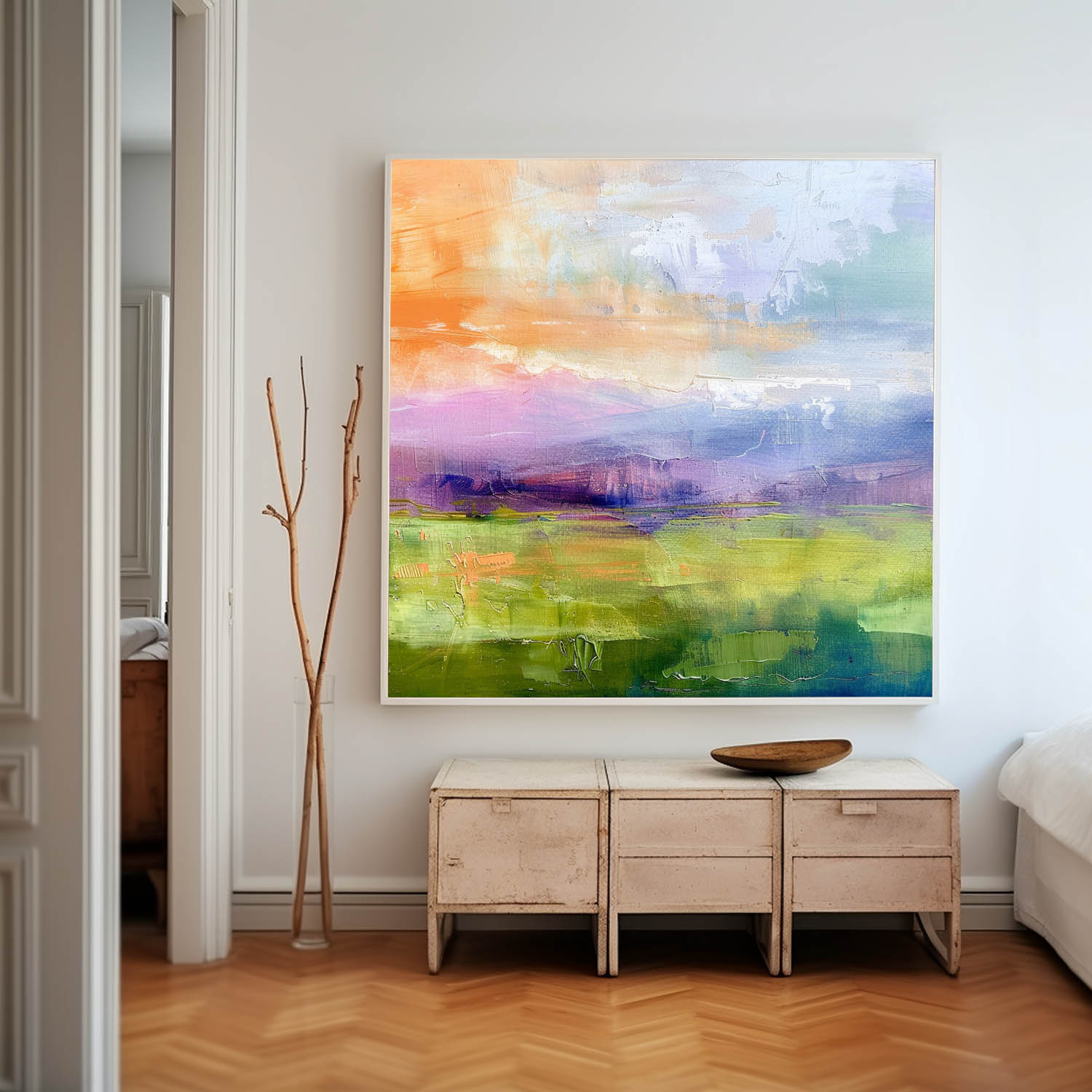 Abstrakte Wandkunst – See & Berglandschaft im Morandi-Stil